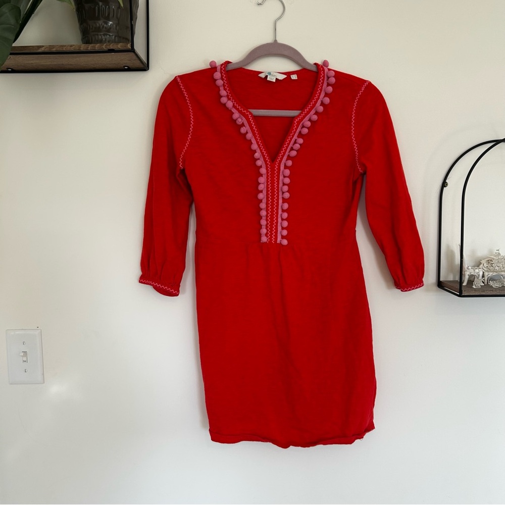 Boden Pompom V Neck Red & Pink 100% Cotton Tunic Mini Dress Size 2